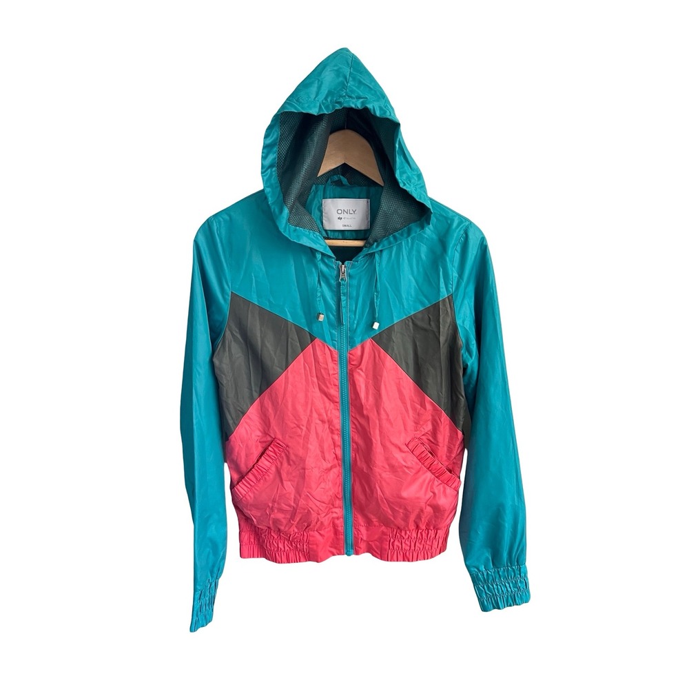 ONLY Edge Collection Pang Hooded Windbreaker Jacket Teal Pink Colorblock Small